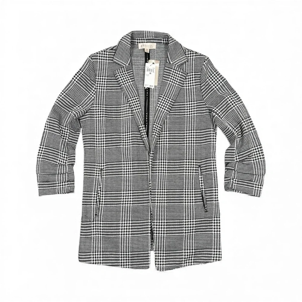 Philosophy Houndstooth Blazer Women M Black White Office Chic ruched 3/4 sleeve - Picture 2 of 6